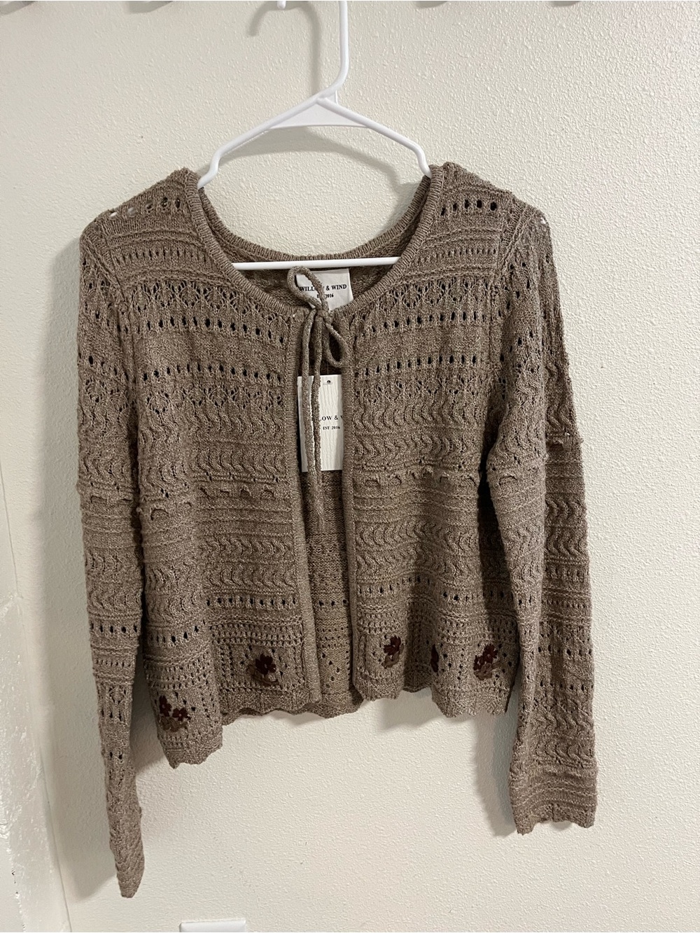 Women’s Open-Knit Tie-Front Cardigan in Taupe